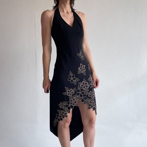 Y2K Black Floral Beaded Halter Dress Sz S Fairy Goth Prom Formal RAMPAGE - Picture 5 of 11